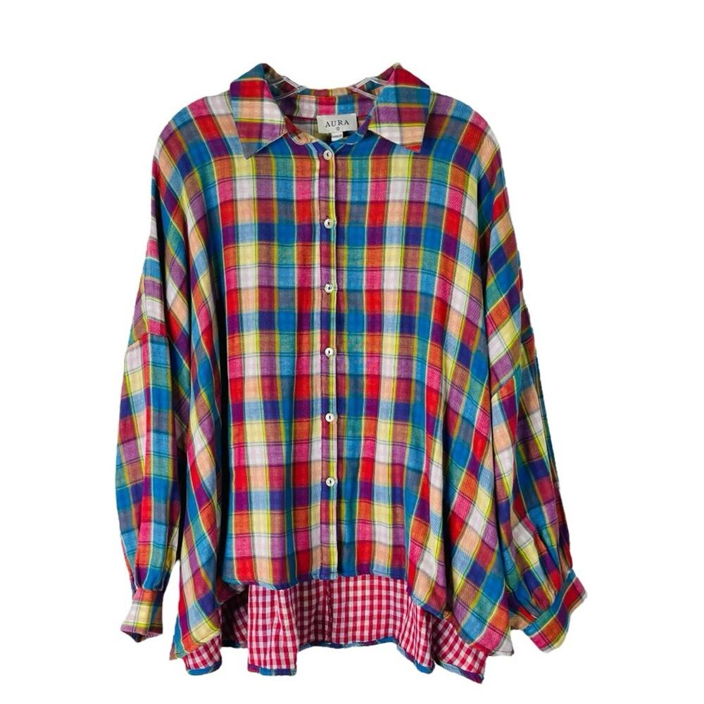 Aura rainbow blue red plaid flannel oversized boxy crop button front top small